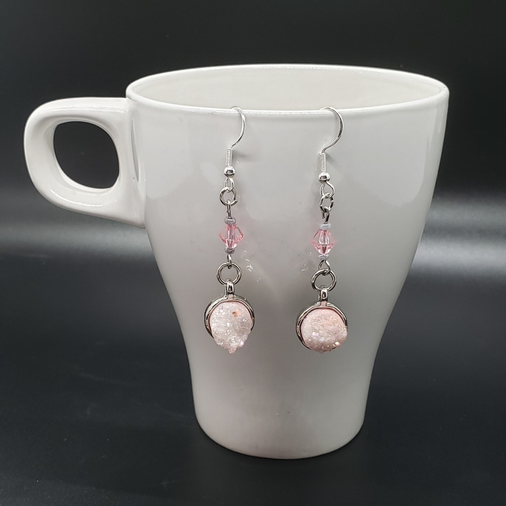 Pink Sparkle Gem Rock Sterling Silver Earrings